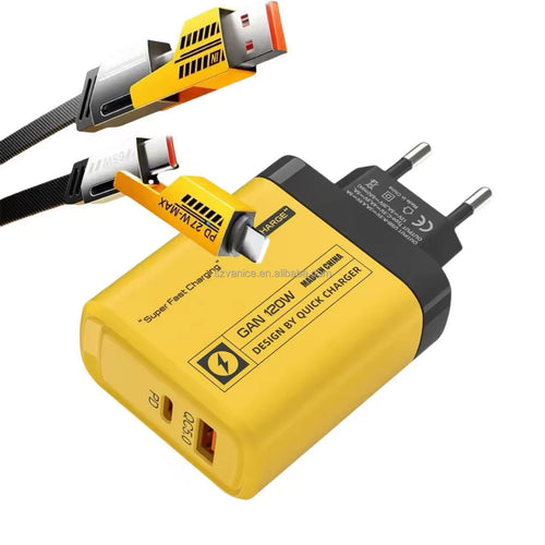 Caricatore Rapido GaN 120W USB-C + USB-A con Cavo Rinforzato – Ricarica Ultra Veloce per Smartphone, Tablet e Laptop
